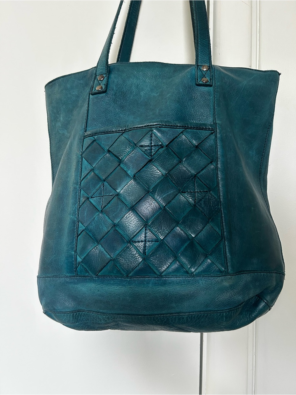 Teal Leather Valencia Holland Woven-Pocket Tote Bag - Picture 2 of 5